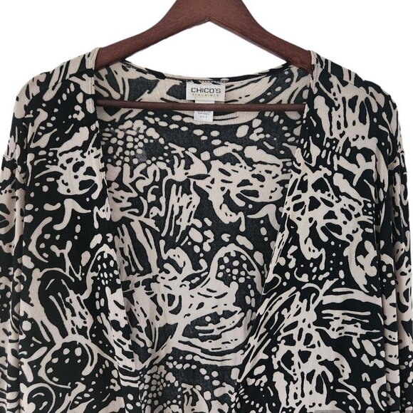 Chicos Travelers Black Beige Tie Front Cardigan Top 3/4 Sleeves Size 3 XL - Picture 2 of 7